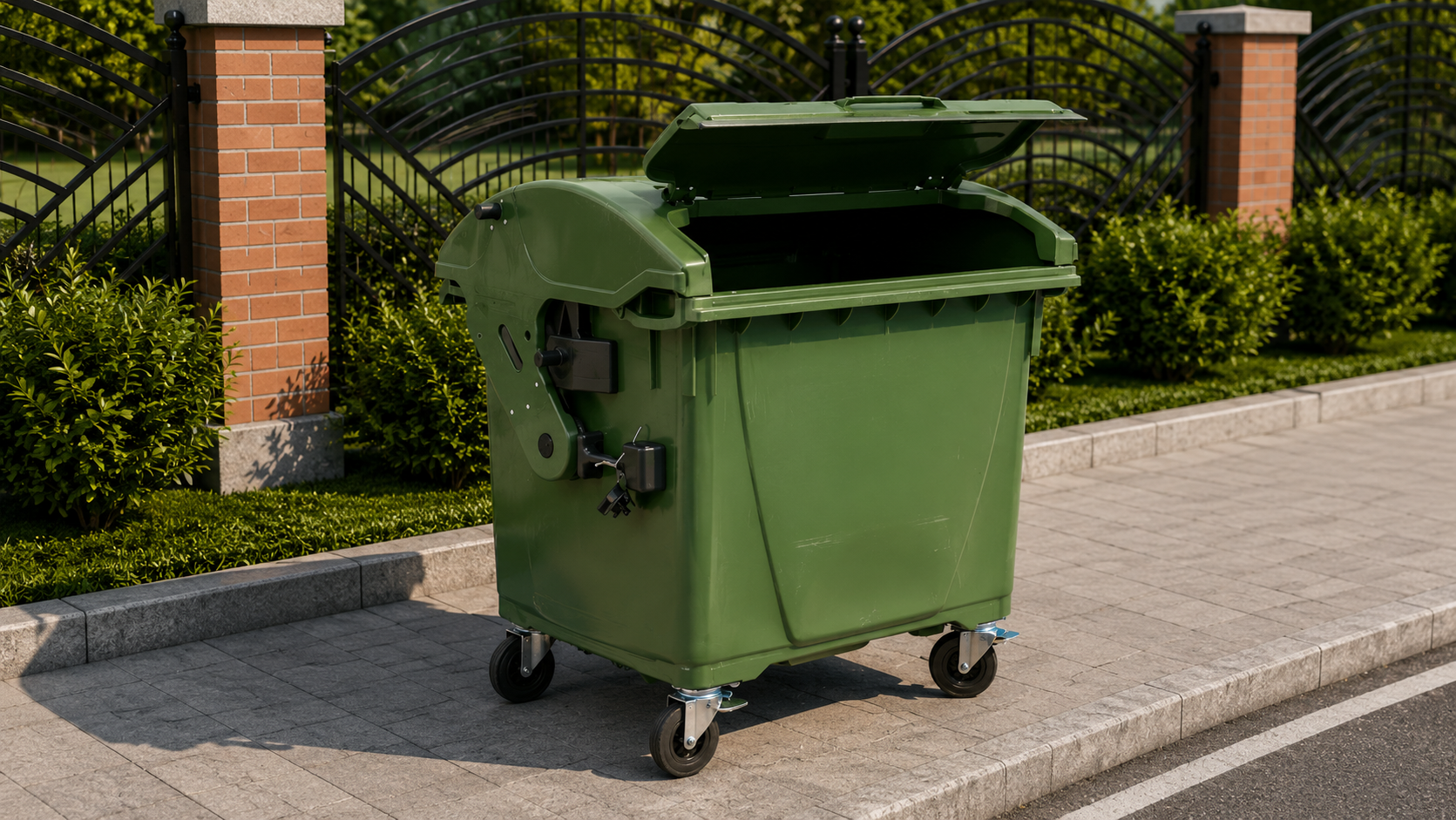 Žalias plastikinis 1100 litrų ratukinis atliekų konteineris su dangčiu dangtyje
